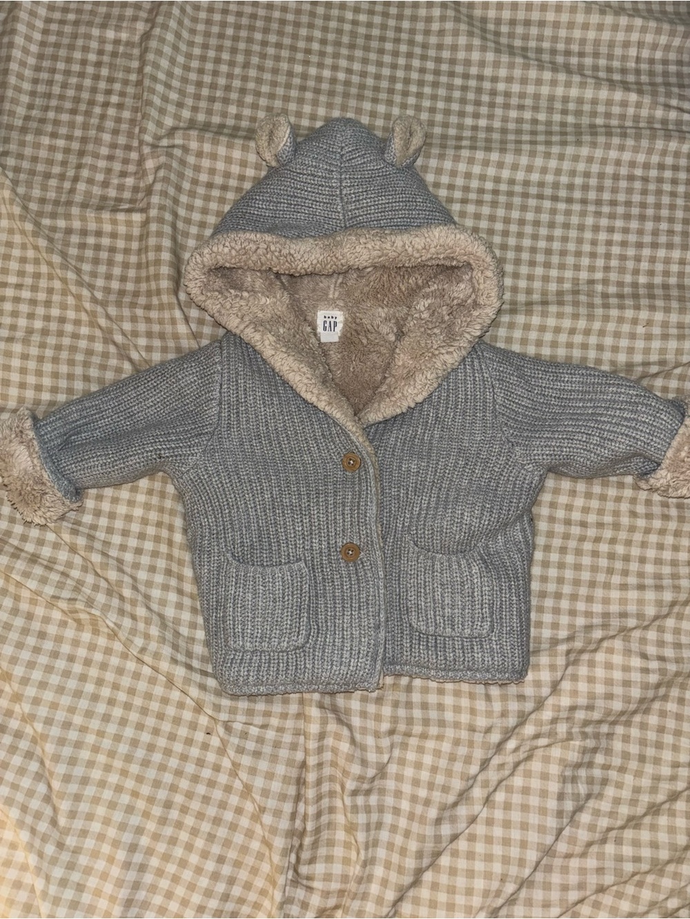 GAP Light Gray Knit Hooded Baby Cardigan with Sherpa Lining